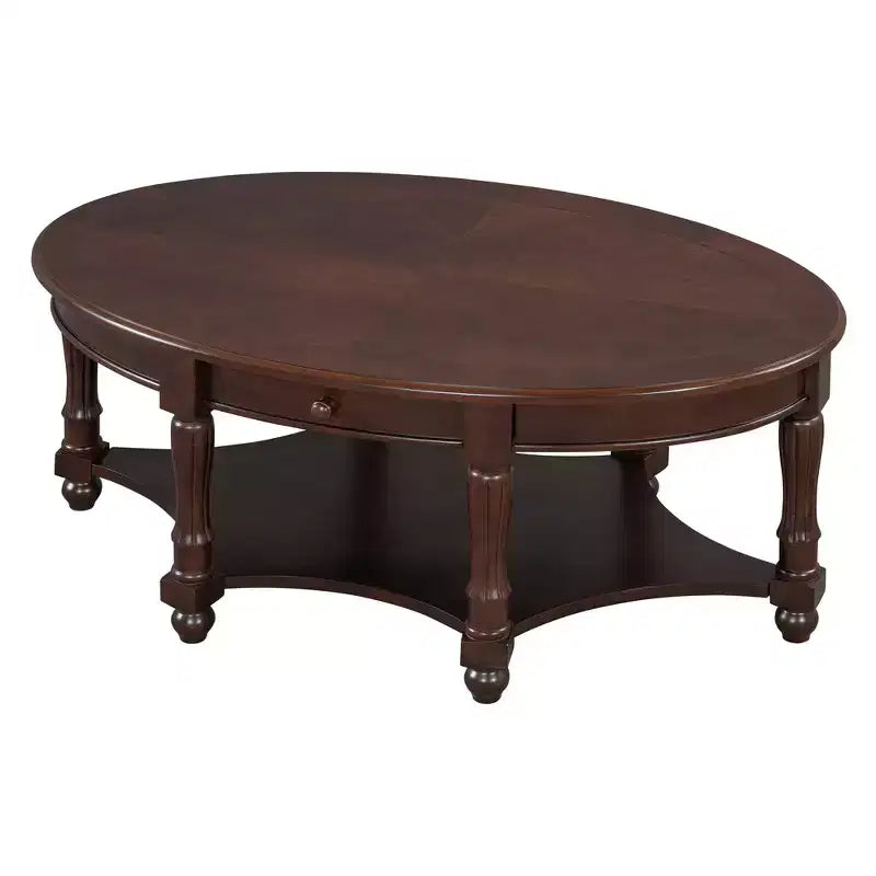 Table basse ovale de style campagnard avec tiroir et étagère inférieure - Marron vieilli, 114 cm
