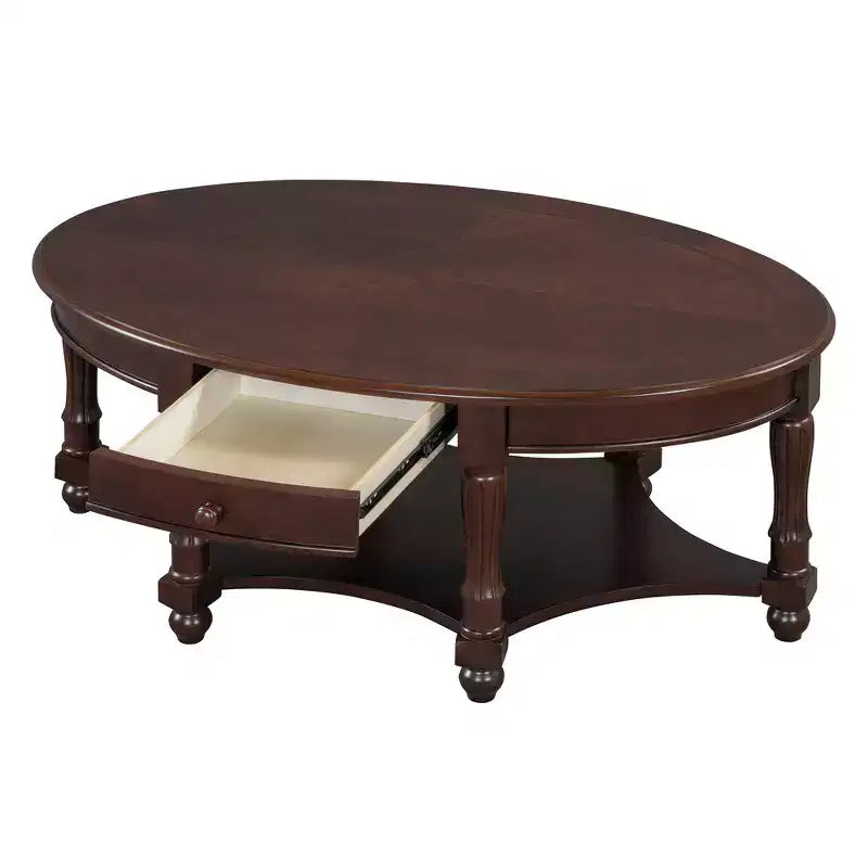 Table basse ovale de style campagnard avec tiroir et étagère inférieure - Marron vieilli, 114 cm