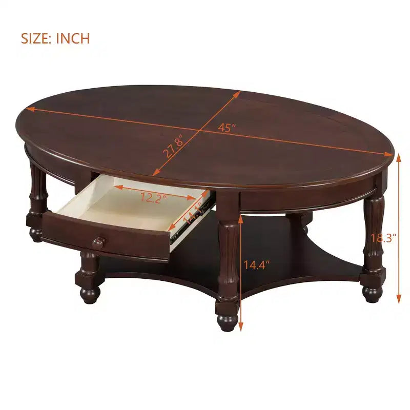 Table basse ovale de style campagnard avec tiroir et étagère inférieure - Marron vieilli, 114 cm