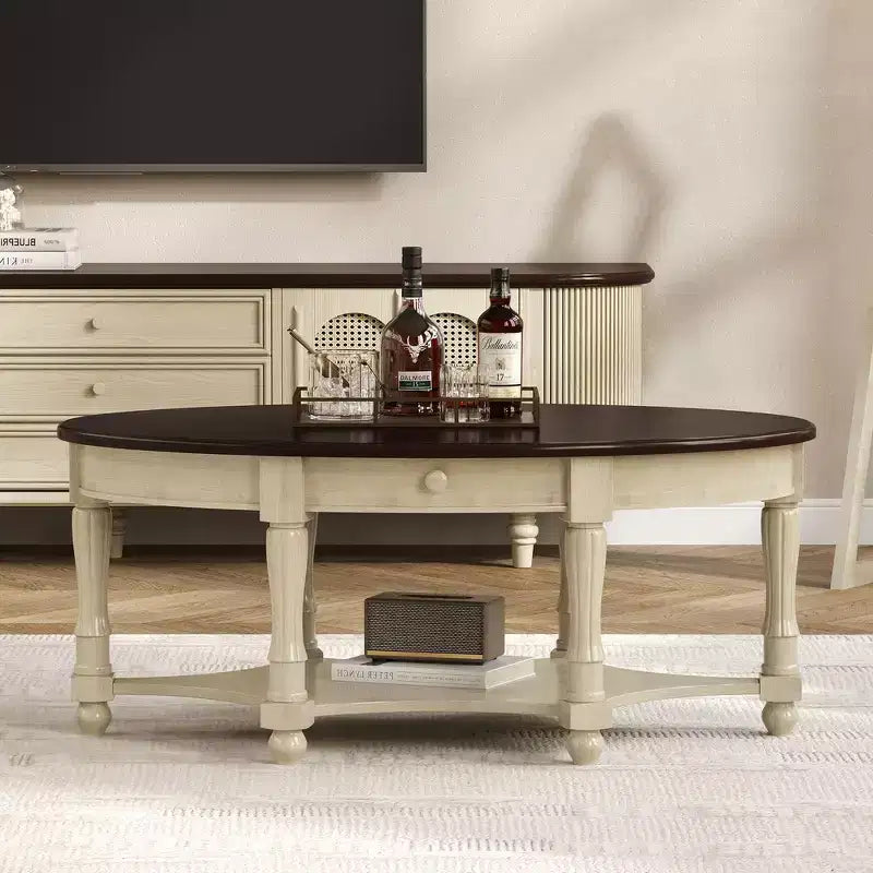 Table basse ovale de style campagnard avec tiroir et étagère inférieure - Marron vieilli, 114 cm