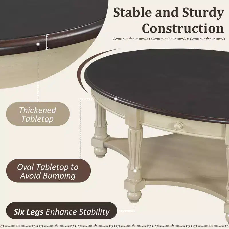 Table basse ovale de style campagnard avec tiroir et étagère inférieure - Marron vieilli, 114 cm