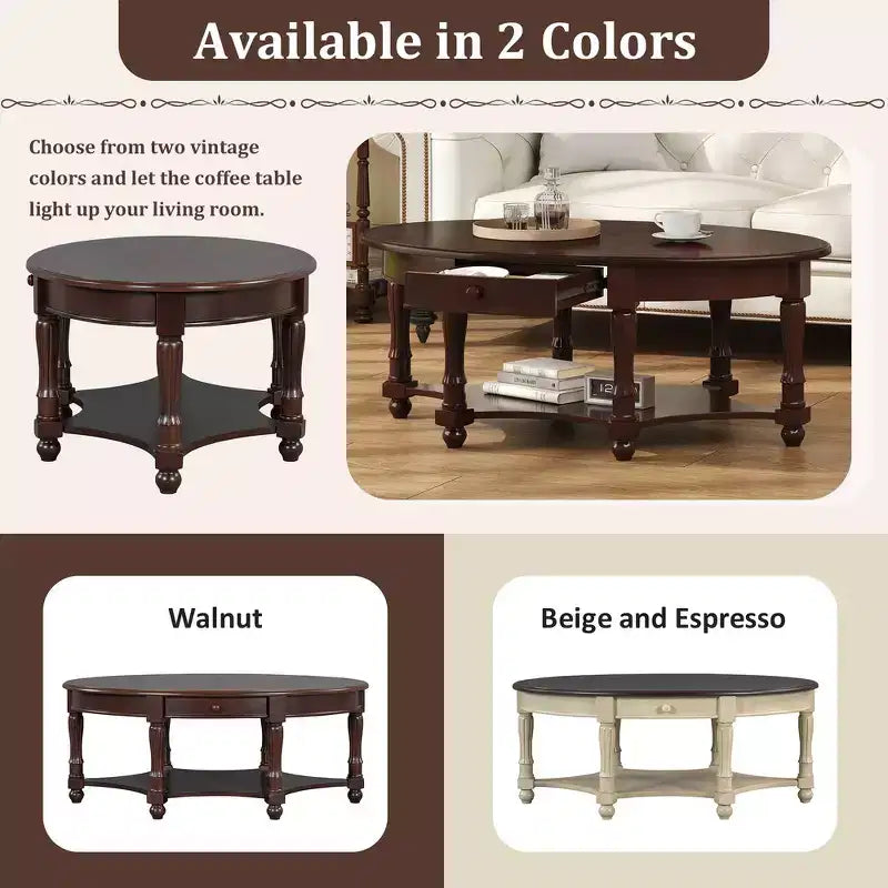 Table basse ovale de style campagnard avec tiroir et étagère inférieure - Marron vieilli, 114 cm