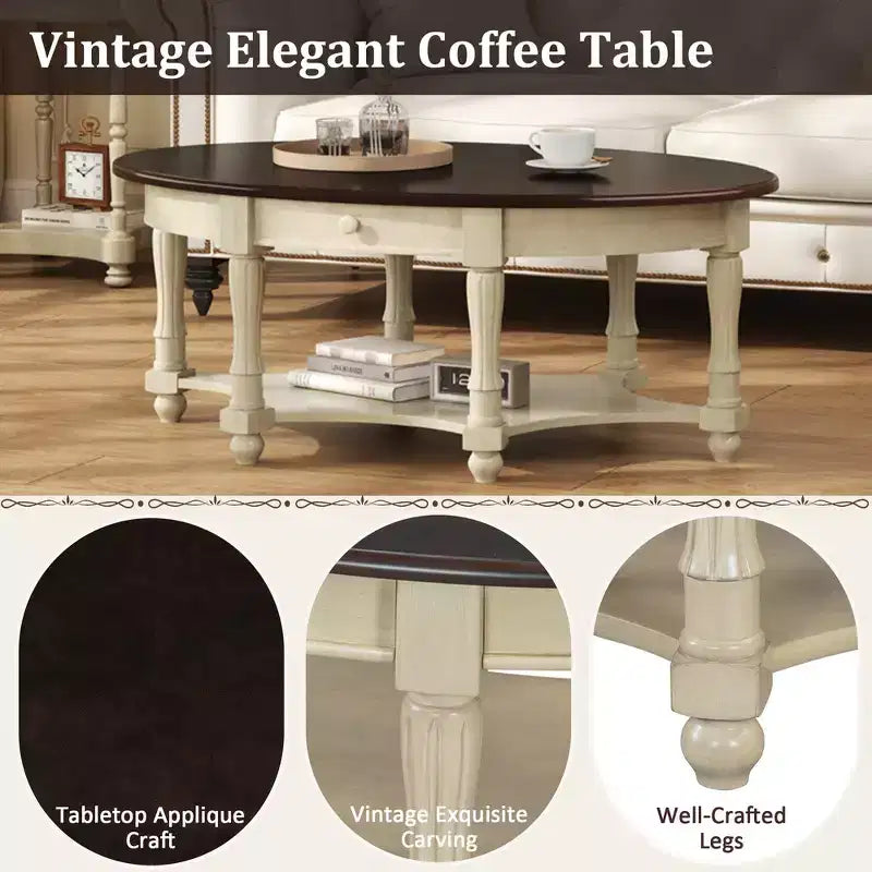 Table basse ovale de style campagnard avec tiroir et étagère inférieure - Marron vieilli, 114 cm