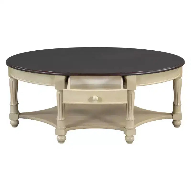 Table basse ovale de style campagnard avec tiroir et étagère inférieure - Marron vieilli, 114 cm
