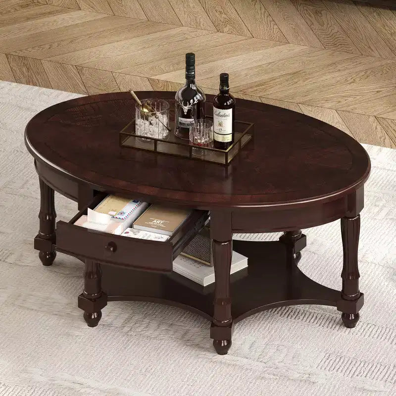 Table basse ovale de style campagnard avec tiroir et étagère inférieure - Marron vieilli, 114 cm