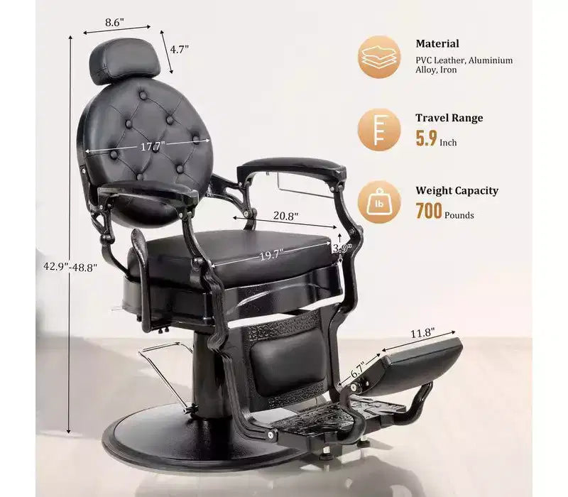 Fauteuil de barbier rétro hydraulique - Pivotant à 360°, inclinable à 135°, capacité de 317,5 kg, noir