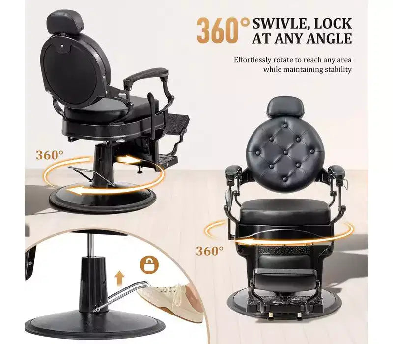 Fauteuil de barbier rétro hydraulique - Pivotant à 360°, inclinable à 135°, capacité de 317,5 kg, noir