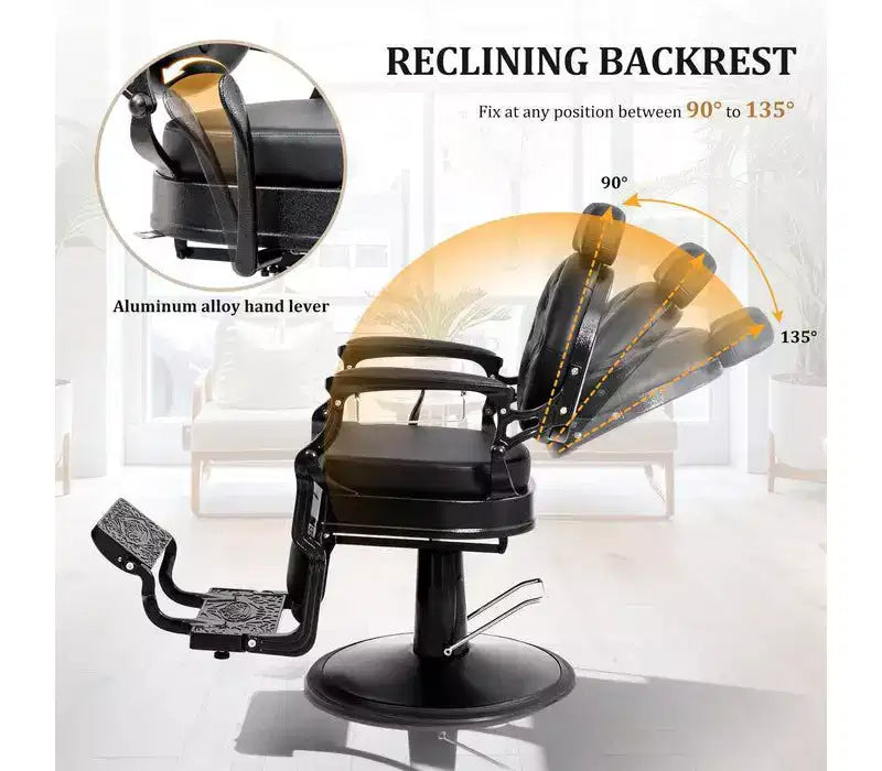 Fauteuil de barbier rétro hydraulique - Pivotant à 360°, inclinable à 135°, capacité de 317,5 kg, noir