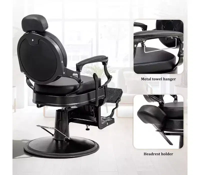 Fauteuil de barbier rétro hydraulique - Pivotant à 360°, inclinable à 135°, capacité de 317,5 kg, noir