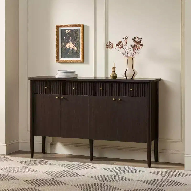 Buffet de salle à manger en bois cannelé moderne de 58 po avec rangement, assemblage facile