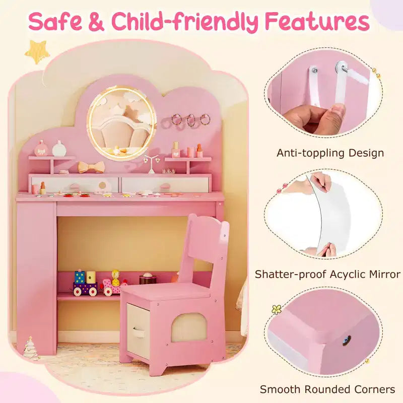 Coiffeuse pour enfants avec miroir LED, 2 tiroirs, étagère à 2 niveaux et chaise - Blanc/Rose