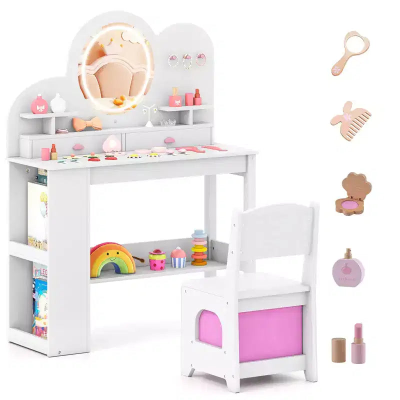 Coiffeuse pour enfants avec miroir LED, 2 tiroirs, étagère à 2 niveaux et chaise - Blanc/Rose