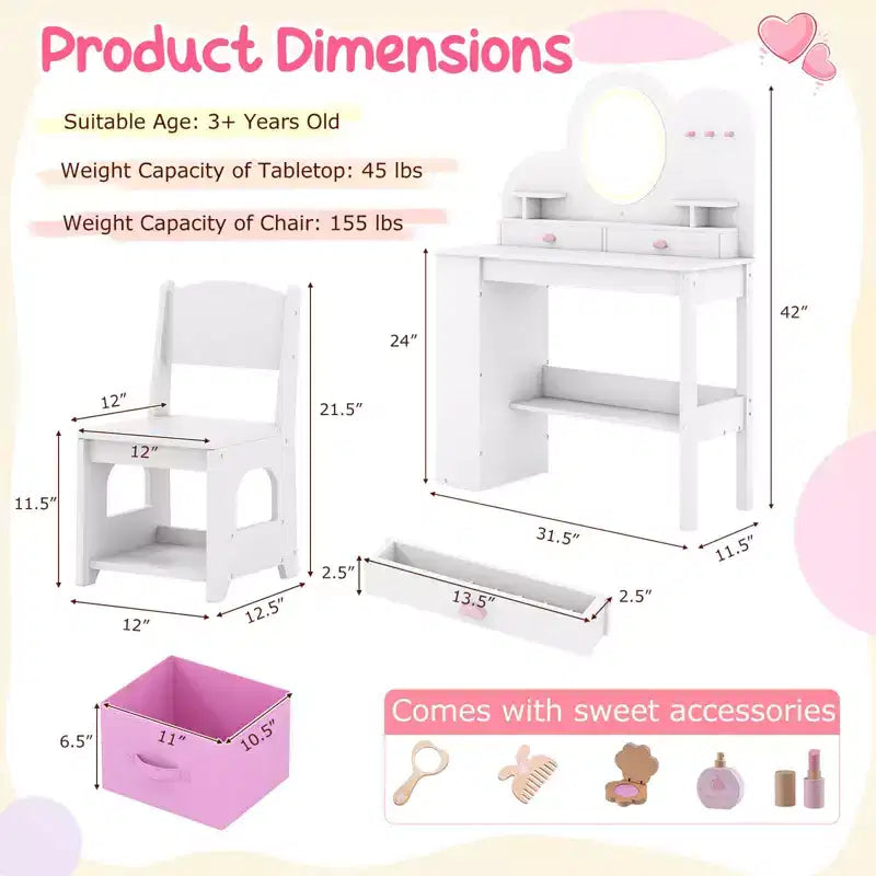 Coiffeuse pour enfants avec miroir LED, 2 tiroirs, étagère à 2 niveaux et chaise - Blanc/Rose