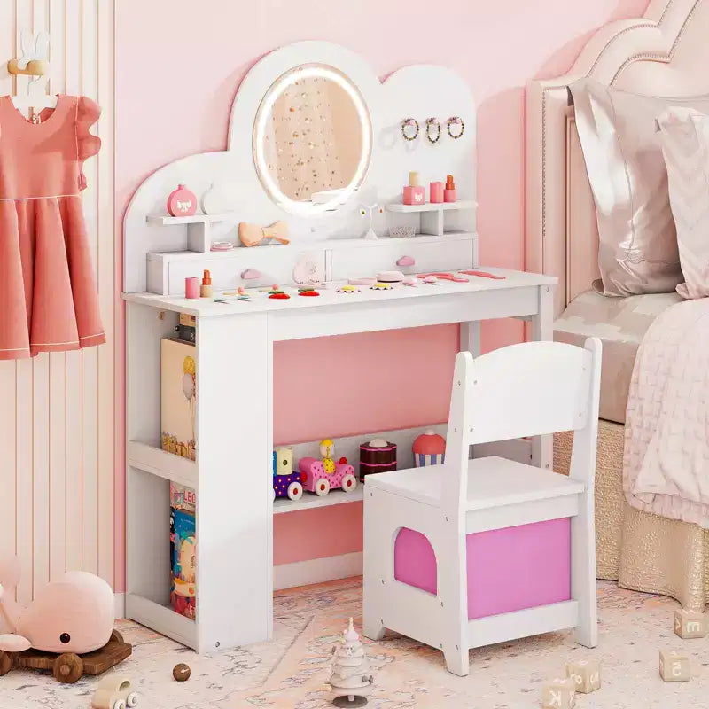 Coiffeuse pour enfants avec miroir LED, 2 tiroirs, étagère à 2 niveaux et chaise - Blanc/Rose