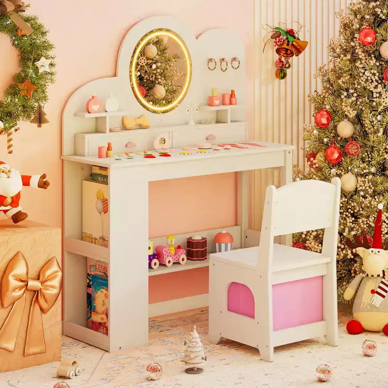 Coiffeuse pour enfants avec miroir LED, 2 tiroirs, étagère à 2 niveaux et chaise - Blanc/Rose