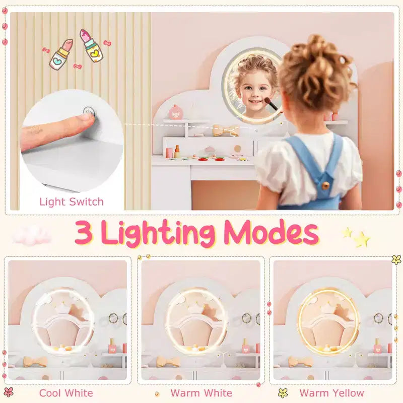 Coiffeuse pour enfants avec miroir LED, 2 tiroirs, étagère à 2 niveaux et chaise - Blanc/Rose