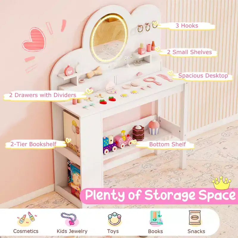 Coiffeuse pour enfants avec miroir LED, 2 tiroirs, étagère à 2 niveaux et chaise - Blanc/Rose
