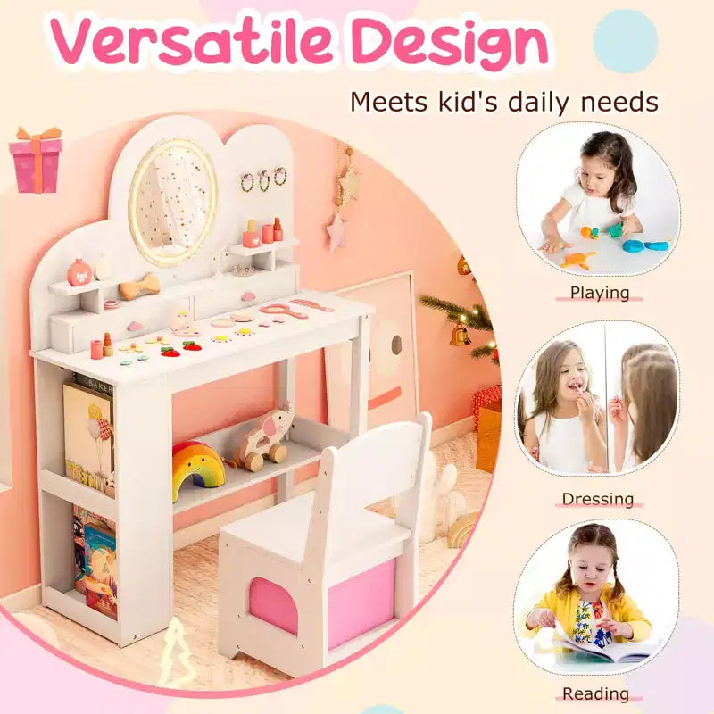 Coiffeuse pour enfants avec miroir LED, 2 tiroirs, étagère à 2 niveaux et chaise - Blanc/Rose