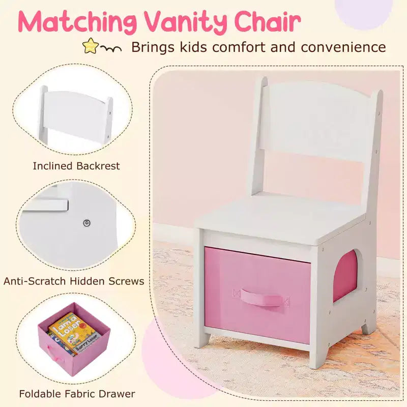 Coiffeuse pour enfants avec miroir LED, 2 tiroirs, étagère à 2 niveaux et chaise - Blanc/Rose