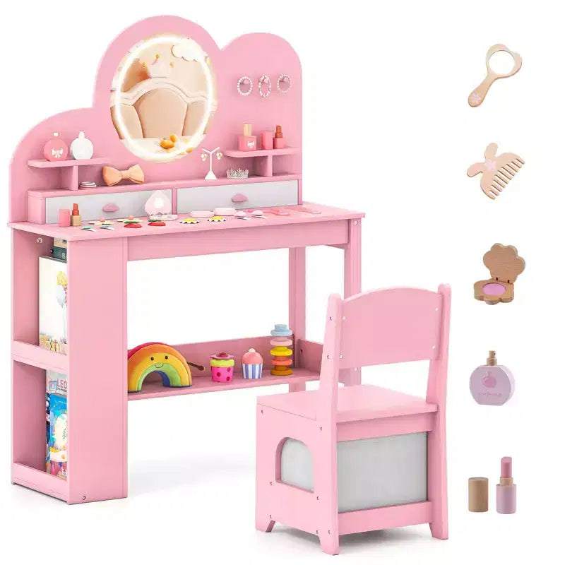 Coiffeuse pour enfants avec miroir LED, 2 tiroirs, étagère à 2 niveaux et chaise - Blanc/Rose