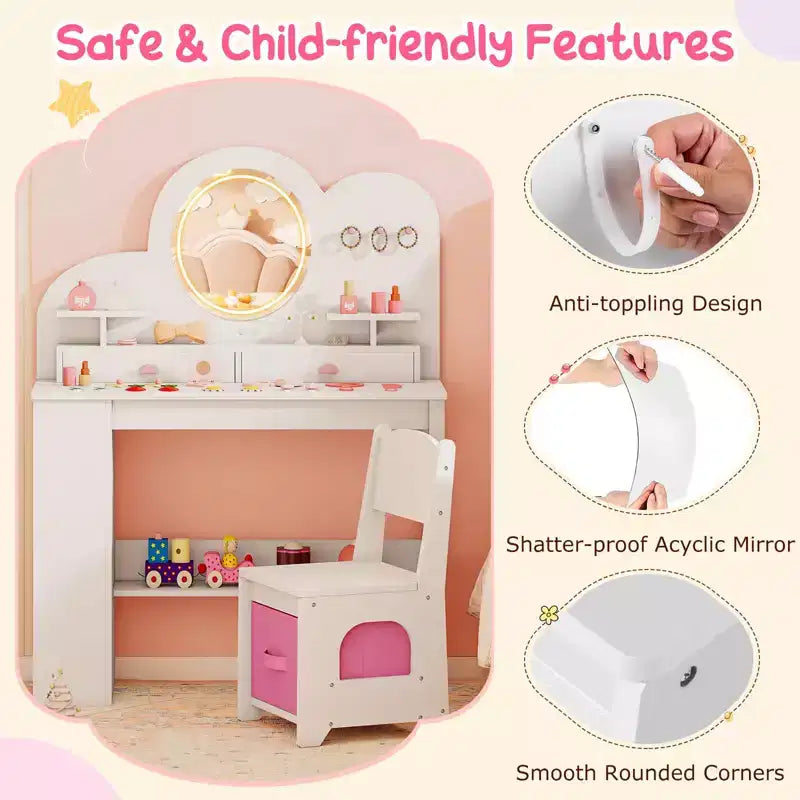 Coiffeuse pour enfants avec miroir LED, 2 tiroirs, étagère à 2 niveaux et chaise - Blanc/Rose