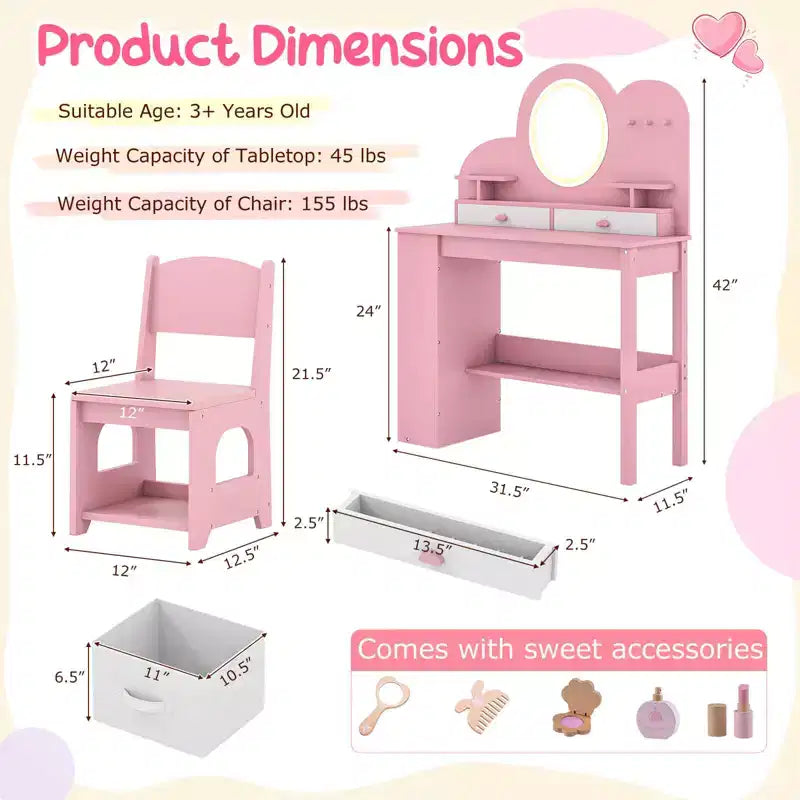 Coiffeuse pour enfants avec miroir LED, 2 tiroirs, étagère à 2 niveaux et chaise - Blanc/Rose
