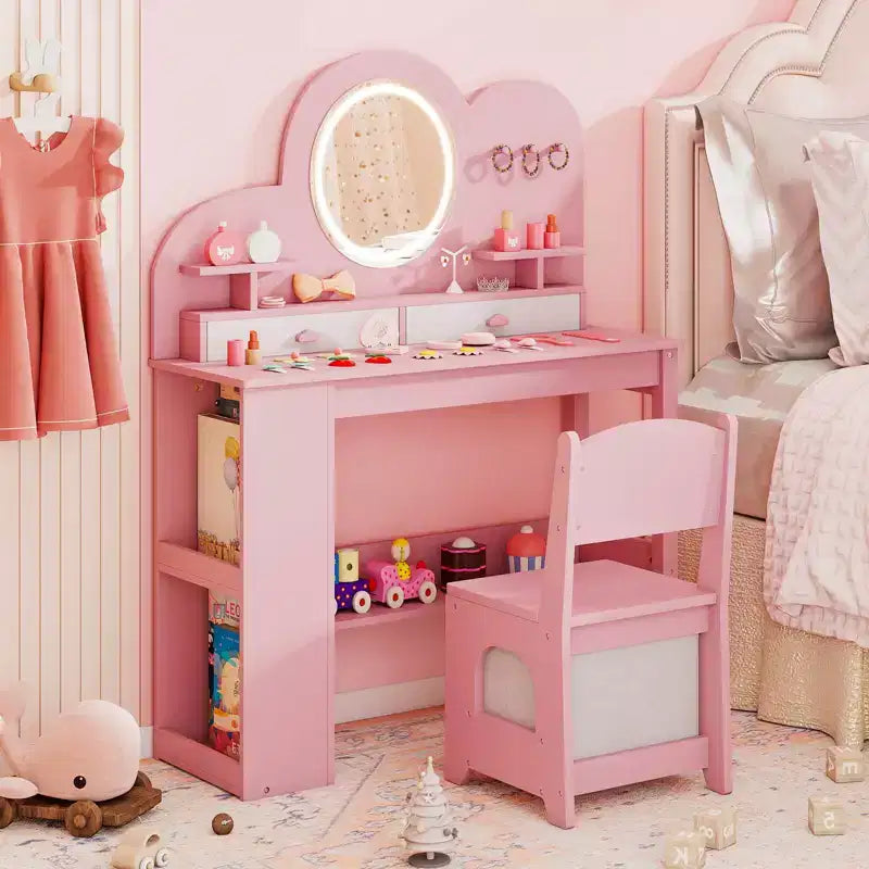 Coiffeuse pour enfants avec miroir LED, 2 tiroirs, étagère à 2 niveaux et chaise - Blanc/Rose