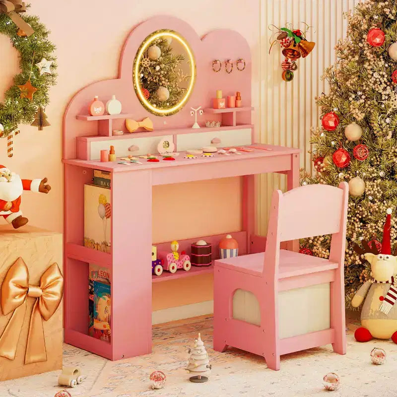 Coiffeuse pour enfants avec miroir LED, 2 tiroirs, étagère à 2 niveaux et chaise - Blanc/Rose