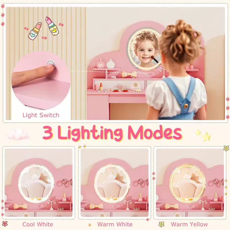 Coiffeuse pour enfants avec miroir LED, 2 tiroirs, étagère à 2 niveaux et chaise - Blanc/Rose