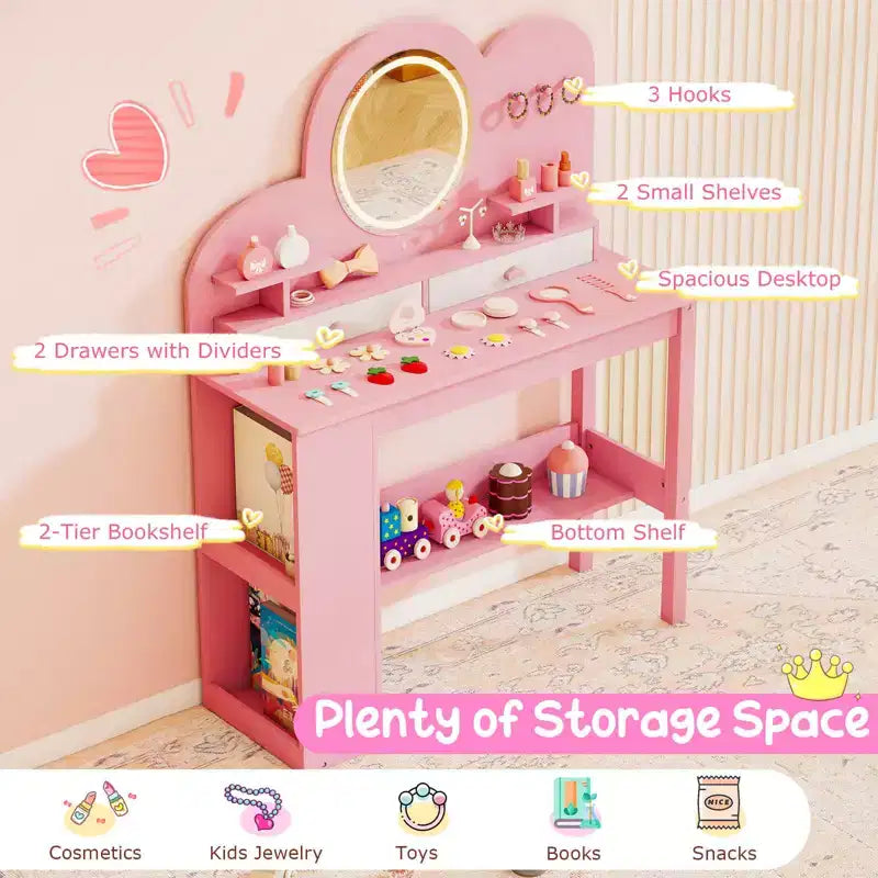 Coiffeuse pour enfants avec miroir LED, 2 tiroirs, étagère à 2 niveaux et chaise - Blanc/Rose