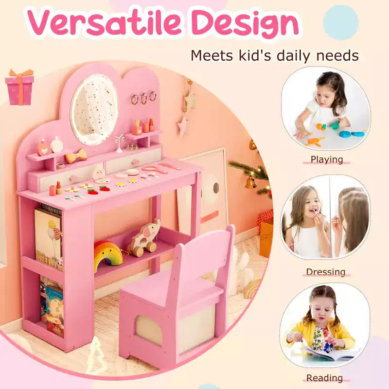 Coiffeuse pour enfants avec miroir LED, 2 tiroirs, étagère à 2 niveaux et chaise - Blanc/Rose