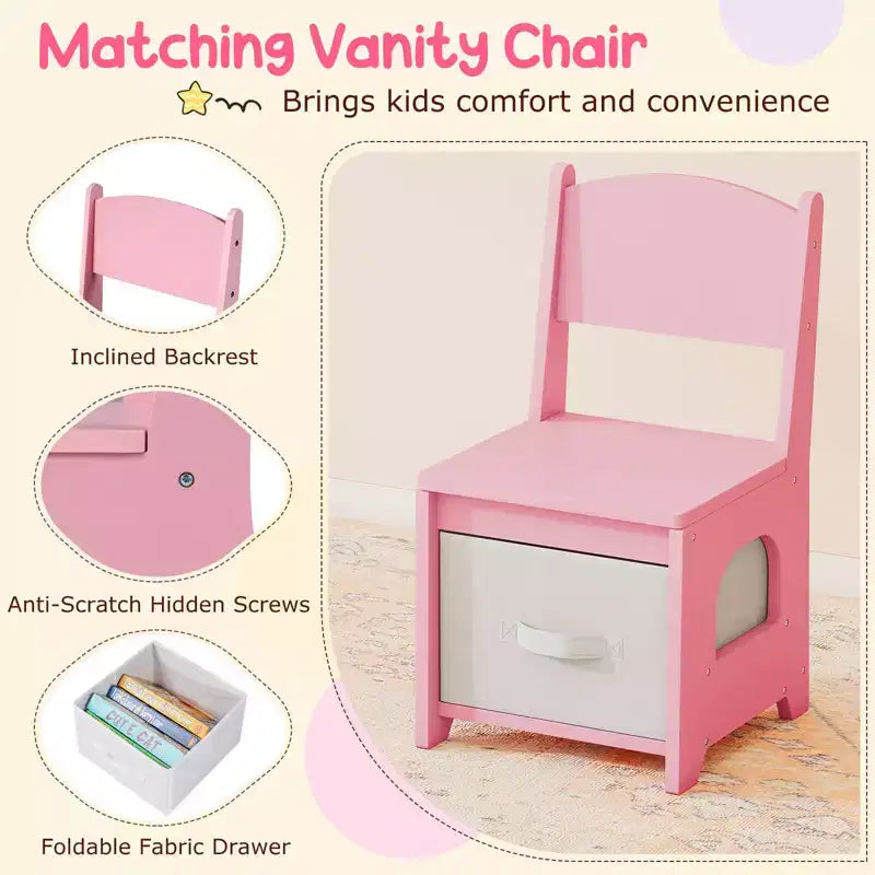 Coiffeuse pour enfants avec miroir LED, 2 tiroirs, étagère à 2 niveaux et chaise - Blanc/Rose