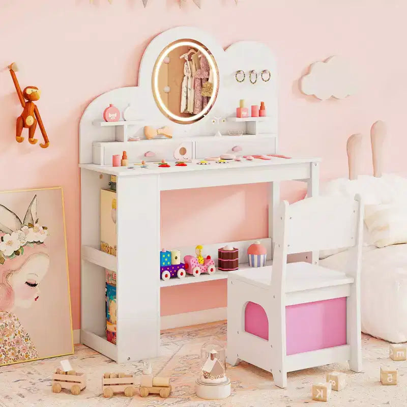 Coiffeuse pour enfants avec miroir LED, 2 tiroirs, étagère à 2 niveaux et chaise - Blanc/Rose