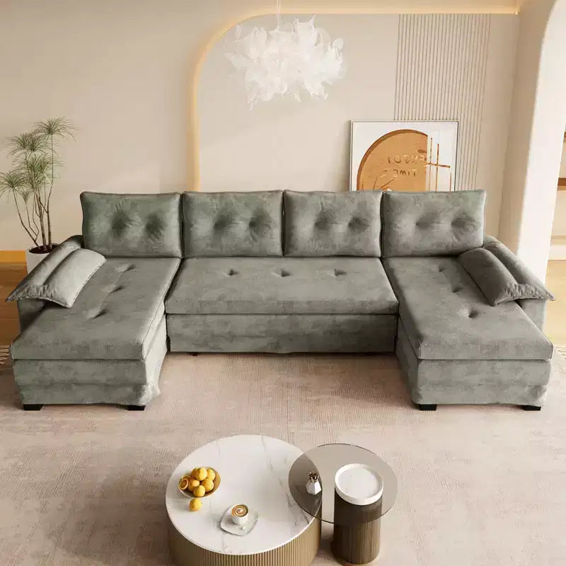 Canapé-lit d'angle en chenille en forme de U de 279 cm avec lit gigogne et ports USB - 5 places