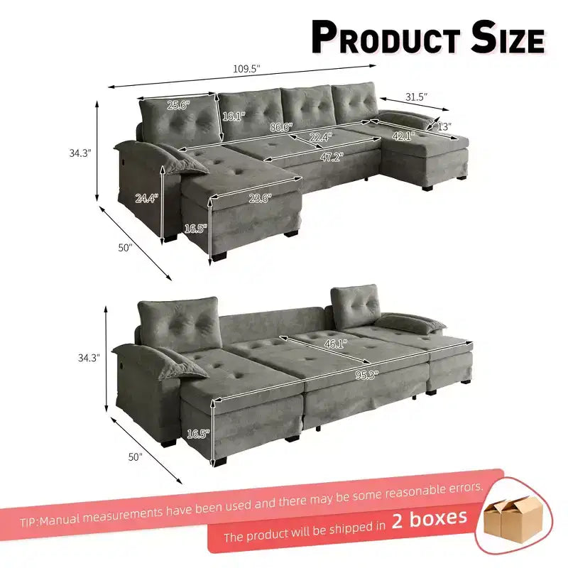 Canapé-lit d'angle en chenille en forme de U de 279 cm avec lit gigogne et ports USB - 5 places
