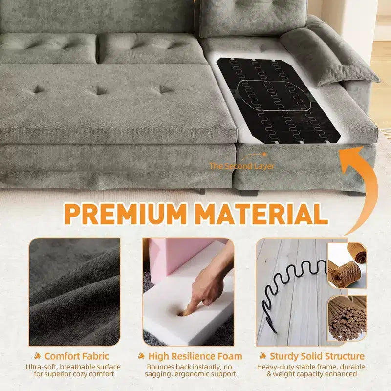 Canapé-lit d'angle en chenille en forme de U de 279 cm avec lit gigogne et ports USB - 5 places
