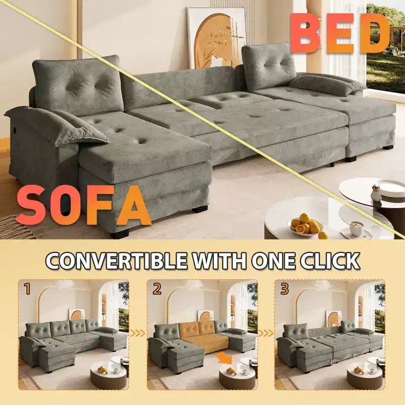 Canapé-lit d'angle en chenille en forme de U de 279 cm avec lit gigogne et ports USB - 5 places