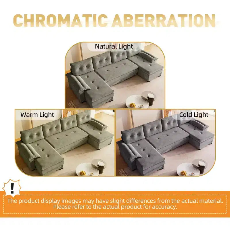 Canapé-lit d'angle en chenille en forme de U de 279 cm avec lit gigogne et ports USB - 5 places