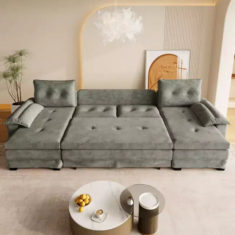 Canapé-lit d'angle en chenille en forme de U de 279 cm avec lit gigogne et ports USB - 5 places