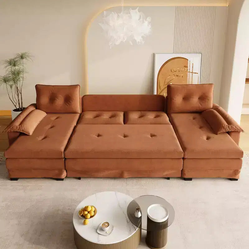 Canapé-lit d'angle en chenille en forme de U de 279 cm avec lit gigogne et ports USB - 5 places