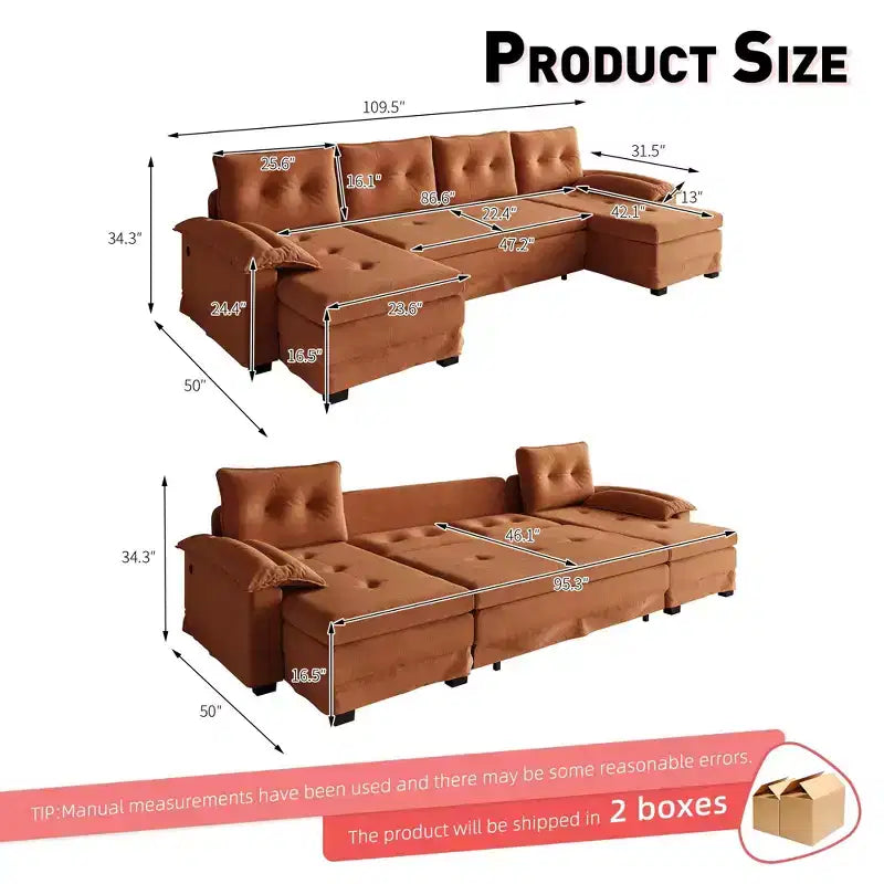 Canapé-lit d'angle en chenille en forme de U de 279 cm avec lit gigogne et ports USB - 5 places