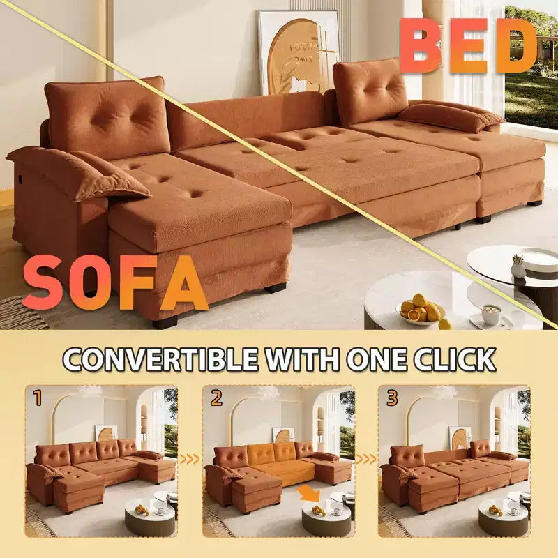Canapé-lit d'angle en chenille en forme de U de 279 cm avec lit gigogne et ports USB - 5 places