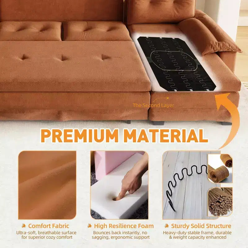 Canapé-lit d'angle en chenille en forme de U de 279 cm avec lit gigogne et ports USB - 5 places