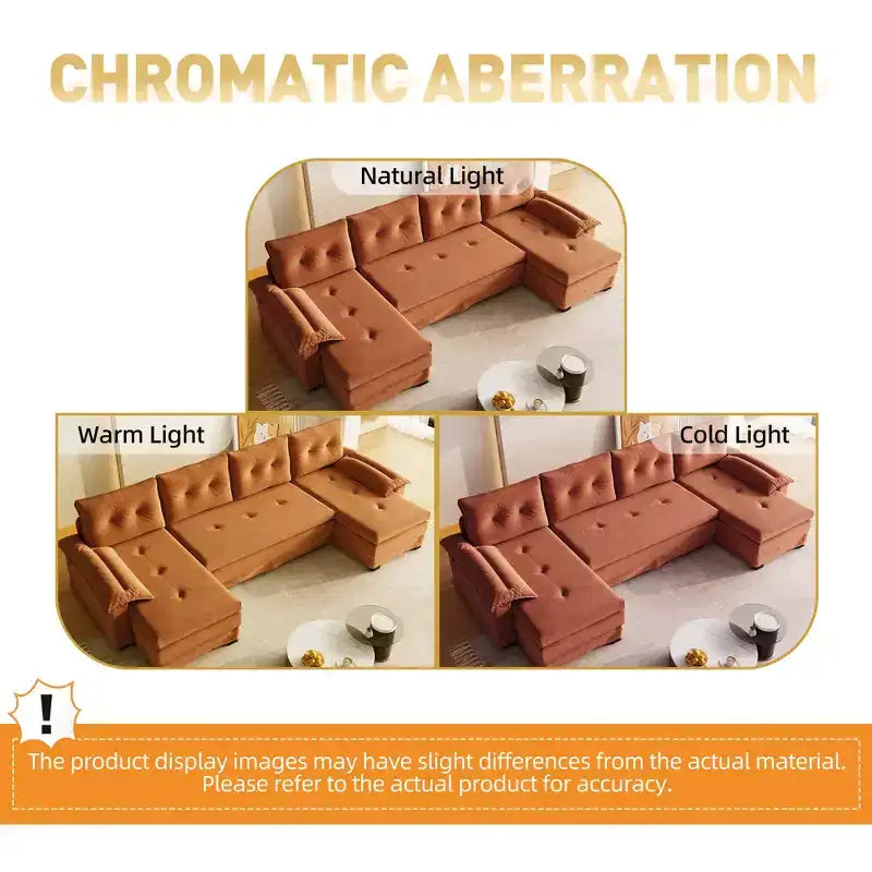 Canapé-lit d'angle en chenille en forme de U de 279 cm avec lit gigogne et ports USB - 5 places