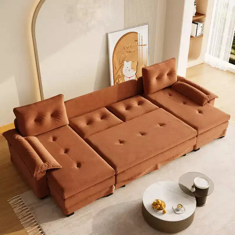 Canapé-lit d'angle en chenille en forme de U de 279 cm avec lit gigogne et ports USB - 5 places