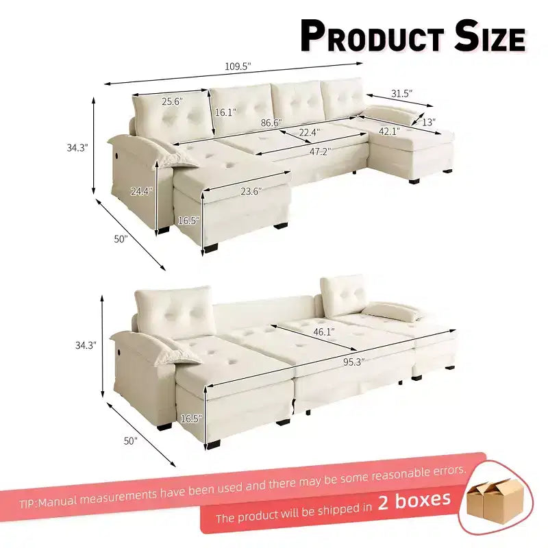 Canapé-lit d'angle en chenille en forme de U de 279 cm avec lit gigogne et ports USB - 5 places