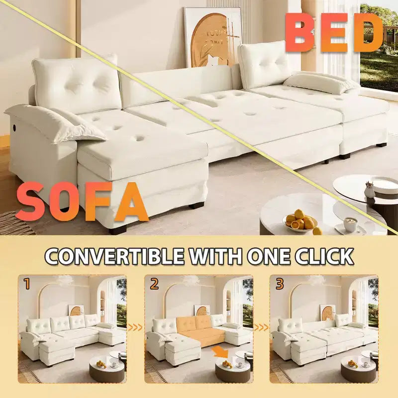 Canapé-lit d'angle en chenille en forme de U de 279 cm avec lit gigogne et ports USB - 5 places