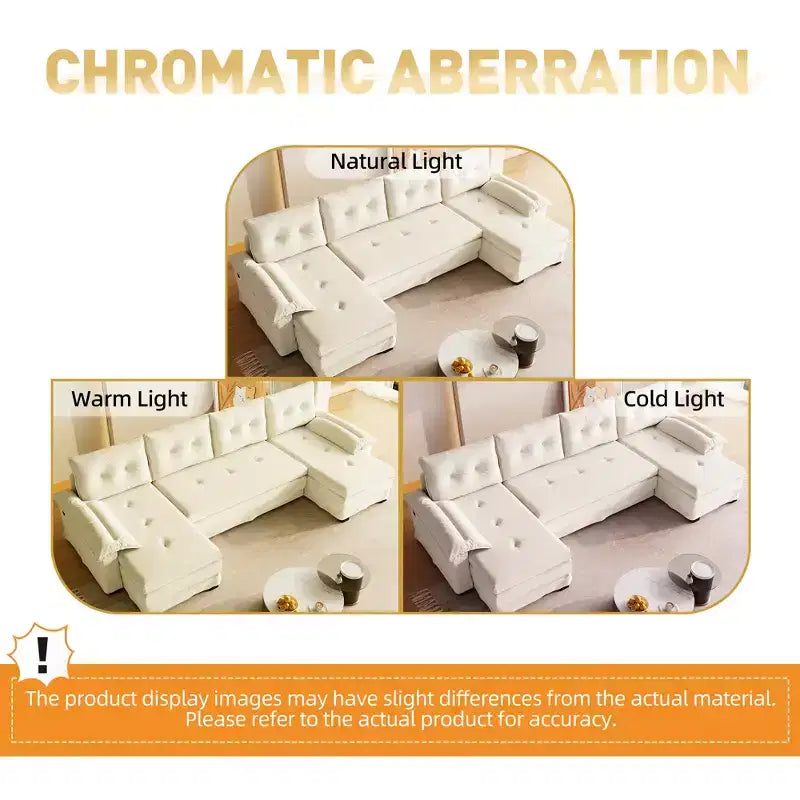 Canapé-lit d'angle en chenille en forme de U de 279 cm avec lit gigogne et ports USB - 5 places