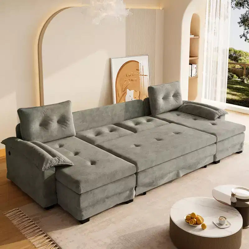 Canapé-lit d'angle en chenille en forme de U de 279 cm avec lit gigogne et ports USB - 5 places