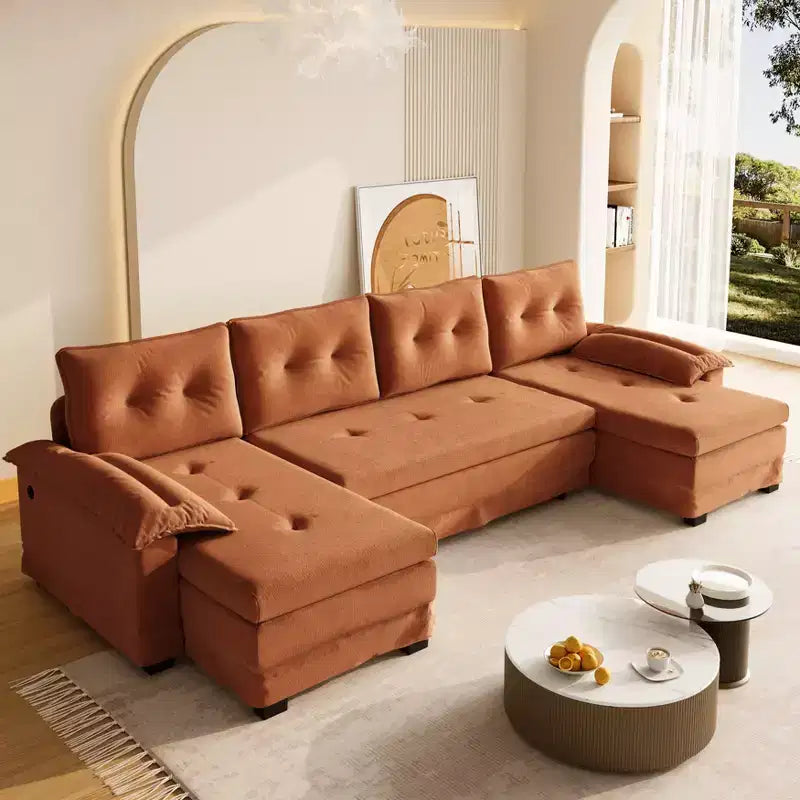 Canapé-lit d'angle en chenille en forme de U de 279 cm avec lit gigogne et ports USB - 5 places